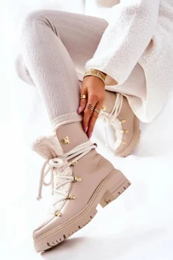 Skórzane Botki Trapery Wiązane Lewski Jasnobeżowe 3116