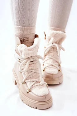 Skórzane Botki Trapery Wiązane Lewski Jasnobeżowe 3116