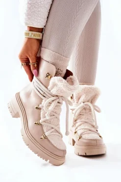 Skórzane Botki Trapery Wiązane Lewski Jasnobeżowe 3116