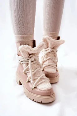 Skórzane Botki Trapery Wiązane Lewski Beżowe 3116