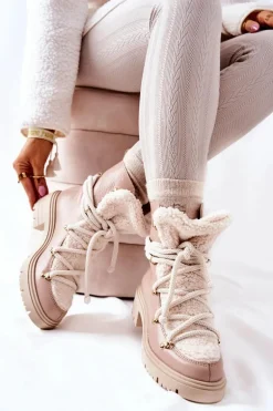 Skórzane Botki Trapery Wiązane Lewski Beżowe 3116