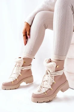 Skórzane Botki Trapery Wiązane Lewski Beżowe 3116