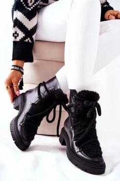 Skórzane Botki Trapery Wiązane Lewski Czarne 3116