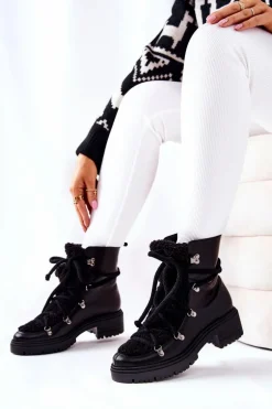 Skórzane Botki Trapery Wiązane Lewski Czarne 3116