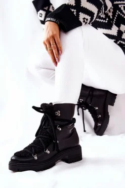 Skórzane Botki Trapery Wiązane Lewski Czarne 3116