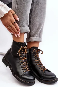 Skórzane Botki Trzewiki Damskie Czarne Ethel