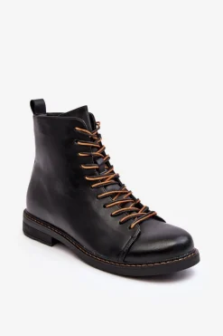 Skórzane Botki Trzewiki Damskie Czarne Ethel