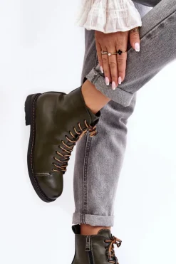 Skórzane Botki Trzewiki Damskie Zielone Ethel