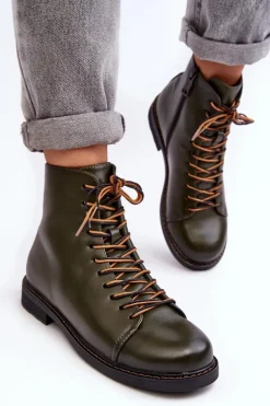 Skórzane Botki Trzewiki Damskie Zielone Ethel