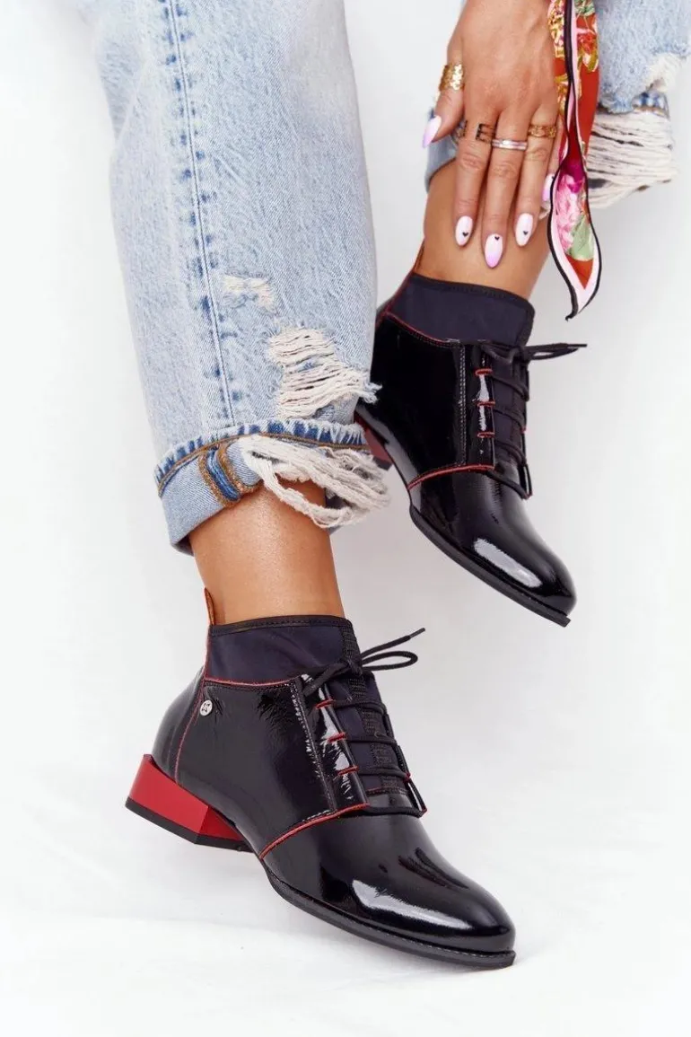 Skórzane Botki Trzewiki Maciejka 04744-16 Czarno-Czerwone