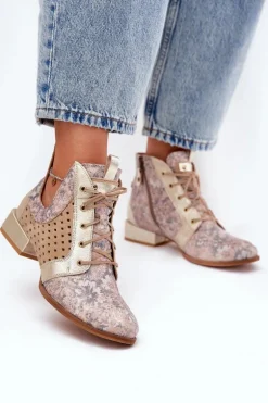 Skórzane Botki Trzewiki Maciejka 05541-04 Beżowo-Złote