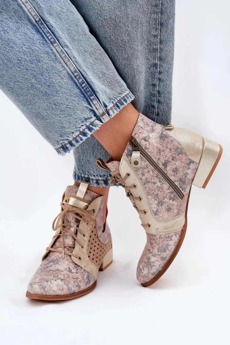 Skórzane Botki Trzewiki Maciejka 05541-04 Beżowo-Złote