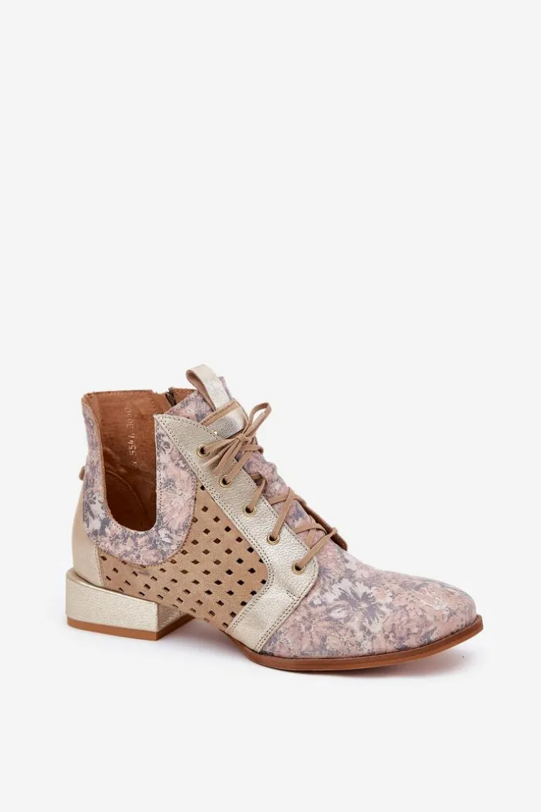 Skórzane Botki Trzewiki Maciejka 05541-04 Beżowo-Złote