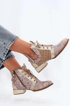 Skórzane Botki Trzewiki Maciejka 05541-04 Beżowo-Złote