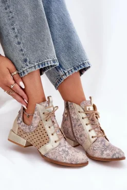 Skórzane Botki Trzewiki Maciejka 05541-04 Beżowo-Złote