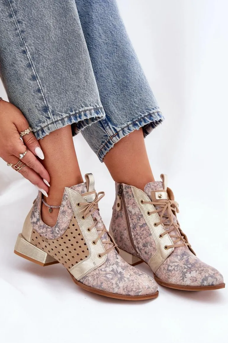 Skórzane Botki Trzewiki Maciejka 05541-04 Beżowo-Złote