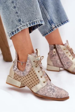 Skórzane Botki Trzewiki Maciejka 05541-04 Beżowo-Złote