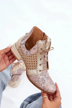 Skórzane Botki Trzewiki Maciejka 05541-04 Beżowo-Złote