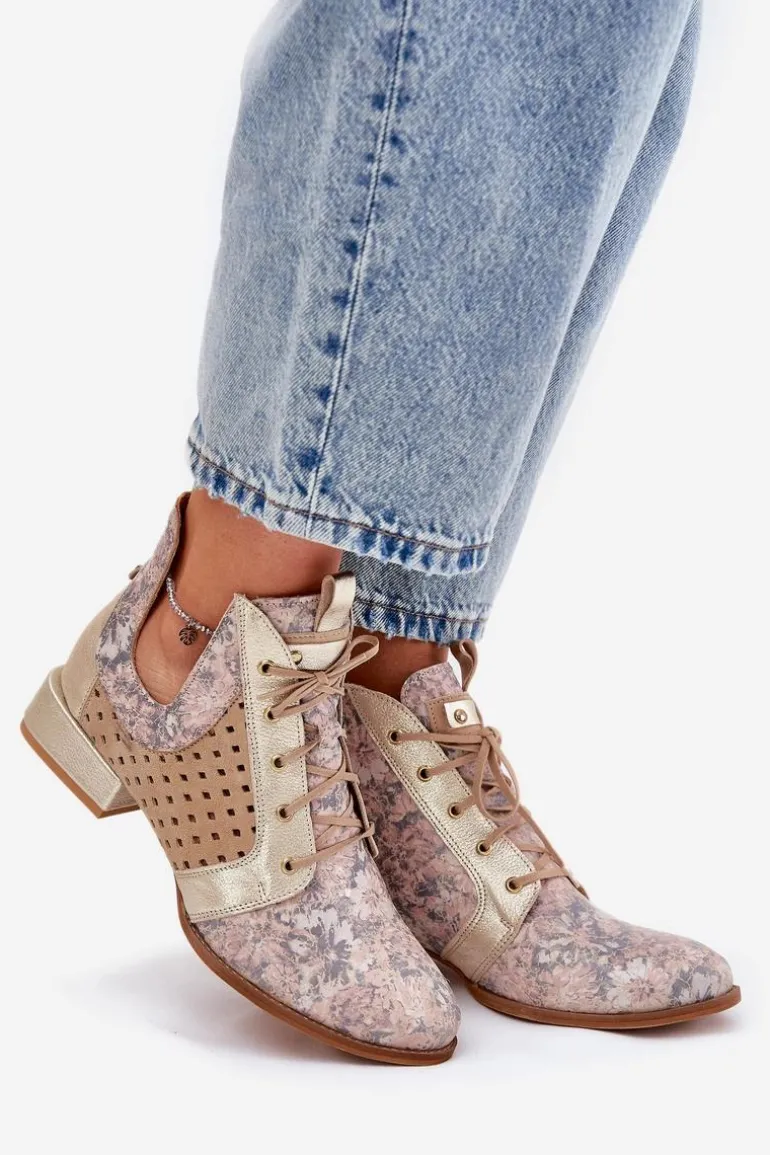 Skórzane Botki Trzewiki Maciejka 05541-04 Beżowo-Złote