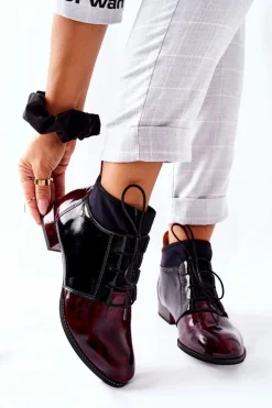 Skórzane Botki Trzewiki Maciejka Marmurki Bordowe 04744-29