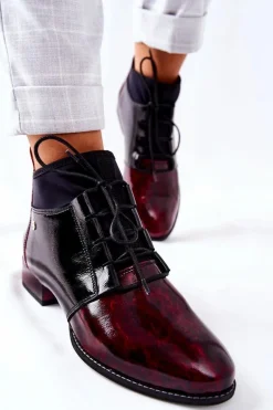 Skórzane Botki Trzewiki Maciejka Marmurki Bordowe 04744-29