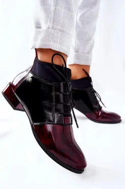 Skórzane Botki Trzewiki Maciejka Marmurki Bordowe 04744-29