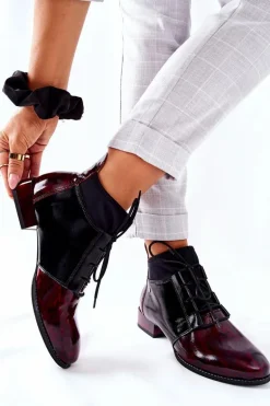 Skórzane Botki Trzewiki Maciejka Marmurki Bordowe 04744-29