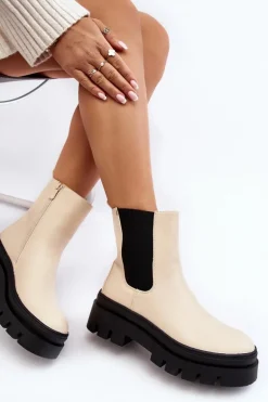 Skórzane Botki Workery Beżowe Loretta