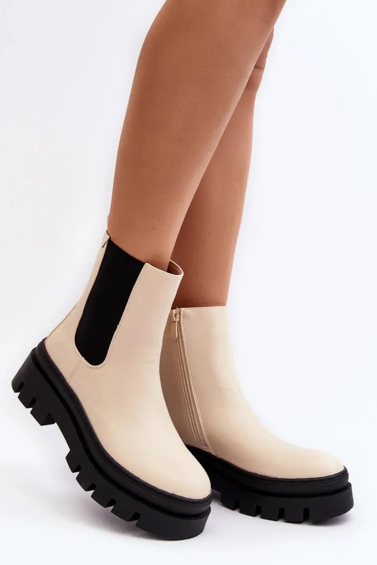 Skórzane Botki Workery Beżowe Loretta