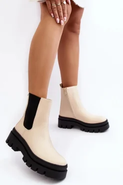 Skórzane Botki Workery Beżowe Loretta