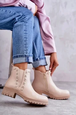 Skórzane Botki Workery Beżowe Ferra