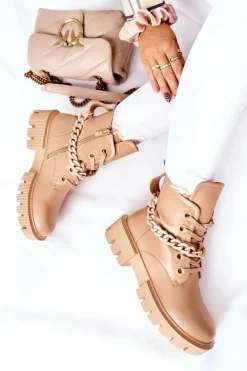 Skórzane Botki Workery Beżowe Izzy