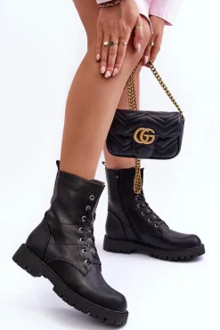 Skórzane Botki Workery Czarne Lonevis