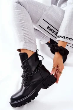 Skórzane Botki Workery Czarne Izzy