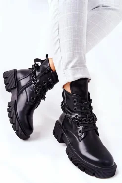 Skórzane Botki Workery Czarne Izzy