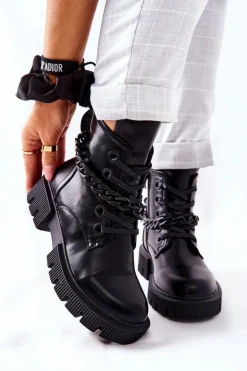 Skórzane Botki Workery Czarne Izzy