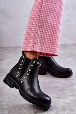 Skórzane Botki Workery Czarne Ferra