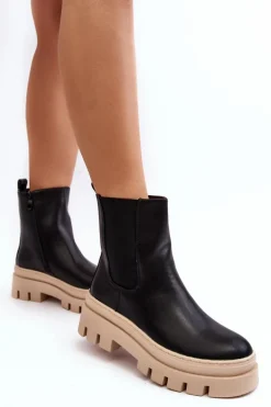 Skórzane Botki Workery Czarno-Beżowe Loretta