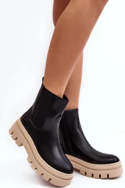 Skórzane Botki Workery Czarno-Beżowe Loretta