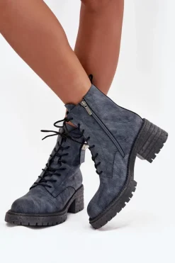 Skórzane Botki Workery Damskie Na Klocku Z Ozdobnym Detalem Artiker 57C0212 Niebieskie