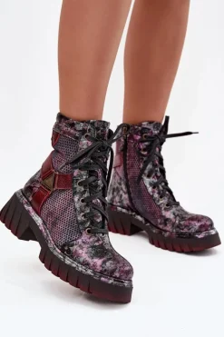 Skórzane Botki Workery Damskie Maciejka 07072-23 Bordowe