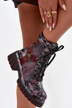 Skórzane Botki Workery Damskie Maciejka 07072-23 Bordowe