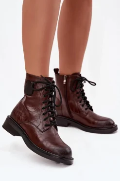 Skórzane Botki Workery Damskie Z Ozdobnym Detalem Maciejka K7180-01 Brązowe