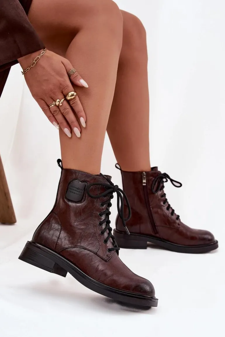 Skórzane Botki Workery Damskie Z Ozdobnym Detalem Maciejka K7180-01 Brązowe