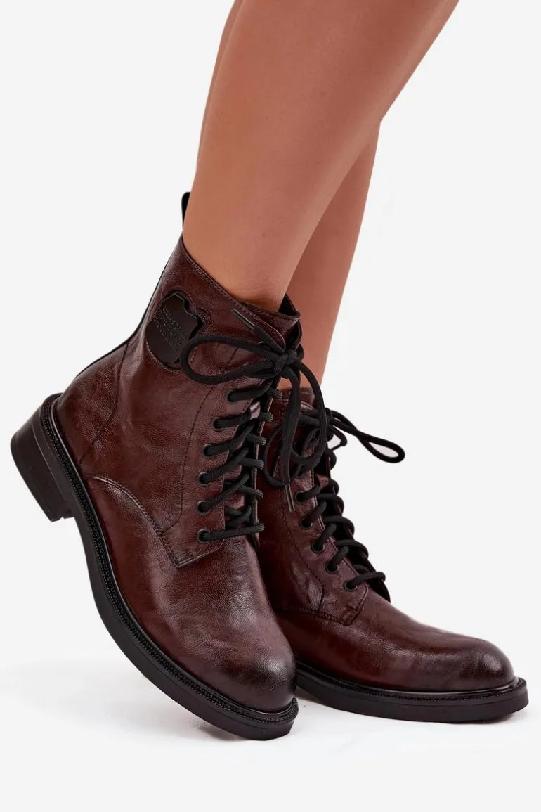 Skórzane Botki Workery Damskie Z Ozdobnym Detalem Maciejka K7180-01 Brązowe