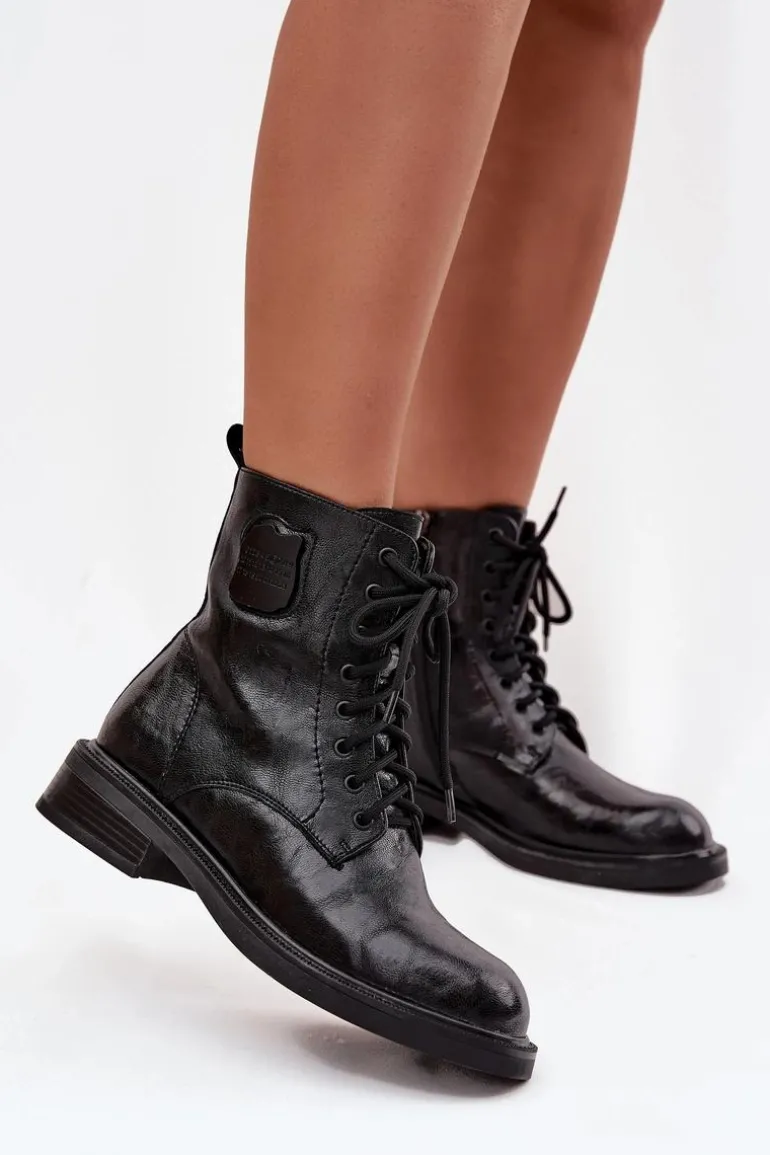 Skórzane Botki Workery Damskie Z Ozdobnym Detalem Maciejka K7180-01 Czarne
