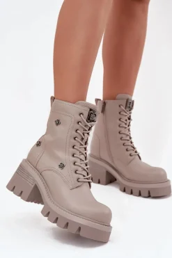 Skórzane Botki Workery Damskie Na Klocku Z Przypinkami Artiker 57C0181 Beżowe