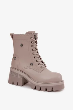 Skórzane Botki Workery Damskie Na Klocku Z Przypinkami Artiker 57C0181 Beżowe