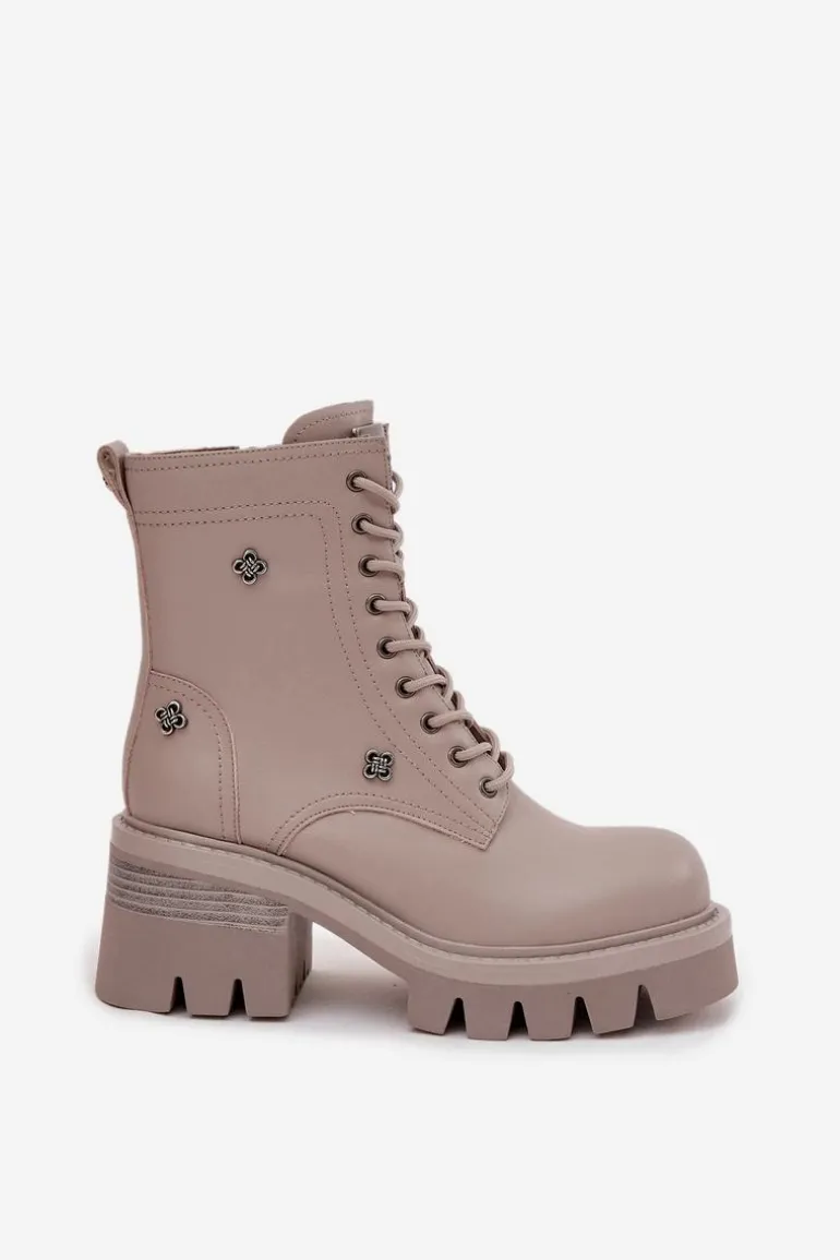 Skórzane Botki Workery Damskie Na Klocku Z Przypinkami Artiker 57C0181 Beżowe