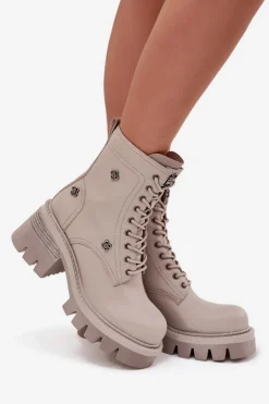 Skórzane Botki Workery Damskie Na Klocku Z Przypinkami Artiker 57C0181 Beżowe